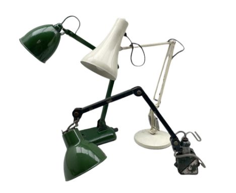 Vintage green enamel machinist lamp by E.D.L, another similar industrial lamp and a cream Anglepoise lamp (3)