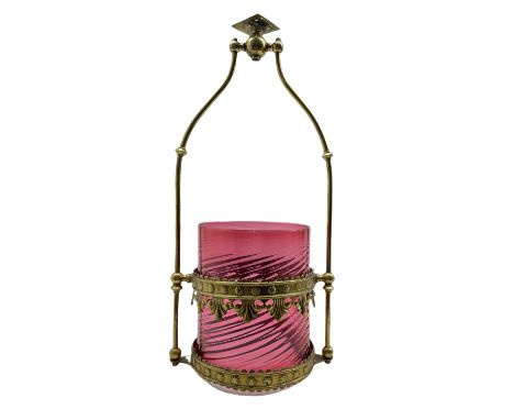 19th/ early 20th century hall lantern with brass tubular support, embossed and pierced brass frame with scalloped border and 