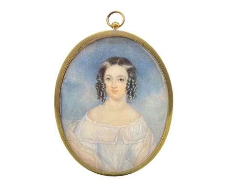 Unsigned 19th century oval half length miniature portrait on ivory of a young lady with ringlets in her hair 9cm x 7cm