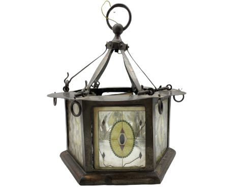 Arts &amp; Crafts hexagonal copper lantern with six encased glass and wire work panels, D41cm