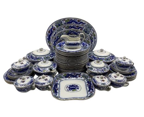 Victorian Mintons Chinese Dragon &amp; Bird pattern dinner service comprising twelve dinner plates, thirteen side plates, ele