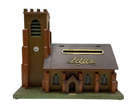Edwardian letter box inset into a wooden model of a church with clock tower H34cm x W41cm