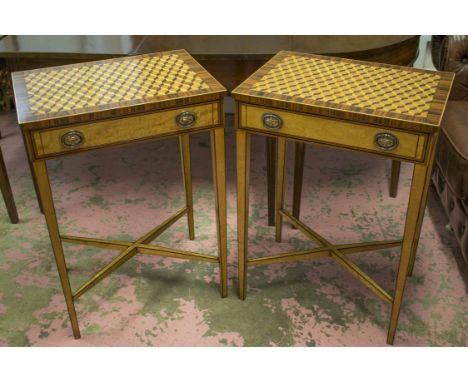 LAMP TABLES, a pair, Georgian style satinwood and rosewood each with cube parquetry top and frieze drawer, 76cm H x 55cm x 40