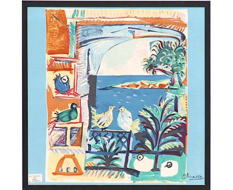PABLO PICASSO 'Les Pigeons', tableau de Picasso on silk, signed in the plate, 78cm x 77cm, framed and glazed.(Subject to ARR 