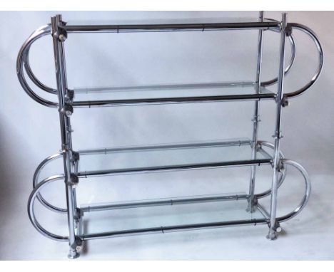 DISPLAY STAND, architectural chrome tubular with four glass shelves, 170cm x 128cm H x 42cm.