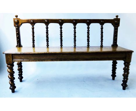 HALL BENCH, Victorian oak rounded rectangular with raised back and spiral turned balustrade and support, 128cm x 82cm H x 38c