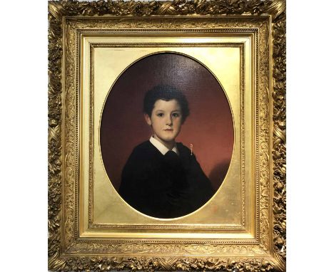 19th CENTURY EUROPEAN SCHOOL 'Portrait of a Young Boy', oil on canvas, 60cm x 50cm, in oval, carved gilt frame. (with faults)
