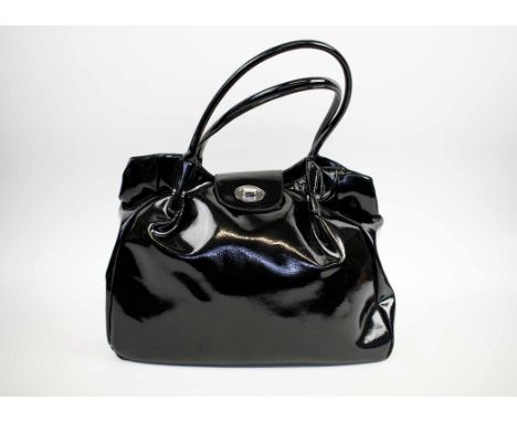 LULU GUINNESS SHOULDER BAG, black patent leather with two top handles, silver tone hardware and twisted clasp with iconic kis