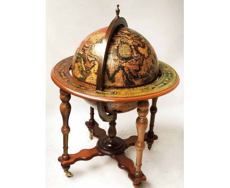 GLOBE COCKTAIL CABINET, in the form of an antique globe on stand with rising lid, 110cm H.