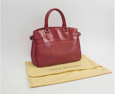 LOUIS VUITTON PASSY EPI RED LEATHER BAG, with smooth leather trim, top handles and expandable side belts, silver tone hardwar