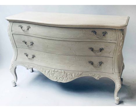 COMMODE, Italian grey painted and silvered metal, bombe form with three long drawers, 133cm W x 86cm H x 57cm.