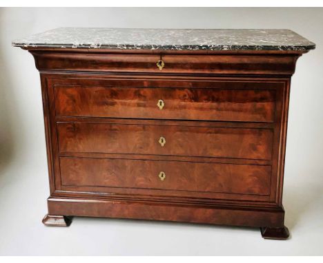 COMMODE, 19th century French Louis Philippe flame mahogany with four long drawers and St Anne grey and white variegated marbl