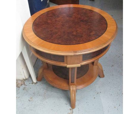 LINLEY STYLE LAMP TABLE, round burr walnut inlaid top with lower tier, 70cm Rd x 63cm H. (with faults)