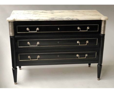 COMMODE, Directorie style ebonised and silvered metal mounted with marble top and three long drawers, 120cm x 85cm H x 48cm.