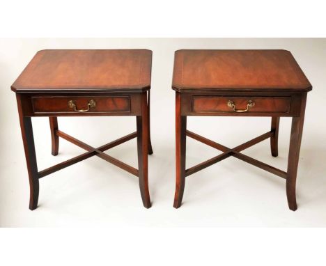 LAMP TABLES, a pair, George III design flame mahogany and crossbanded with frieze drawer and X stretchered supports, 52cm x 5