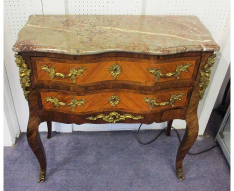 COMMODE, 19th century French kingwood and rosewood with a serpentine fronted marble top above two long drawers with ormolu ha
