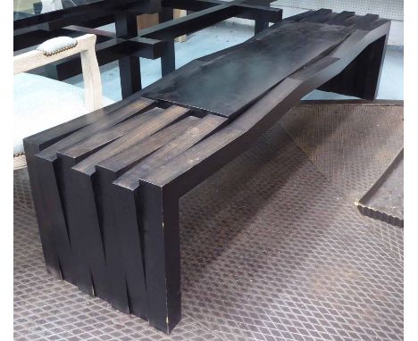 BENCH, ebonised of contemporary geometric form designed by Mark Harvey, 45cm x 200cm x 46cm H.
