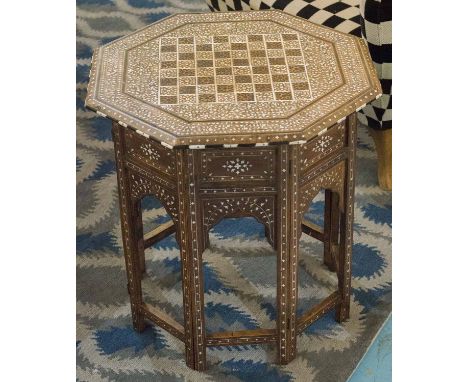 HOSHIARPUR LAMP TABLE, 19th century Indian bone ebony inset hardwood octagonal chequer board, 54cm diam x 52cm H.