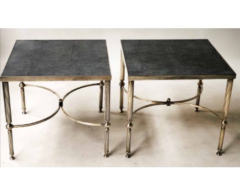 LAMP TABLES, a pair, Julian Chichester style silvered metal each square with x stretchered supports and faux crocodile real l