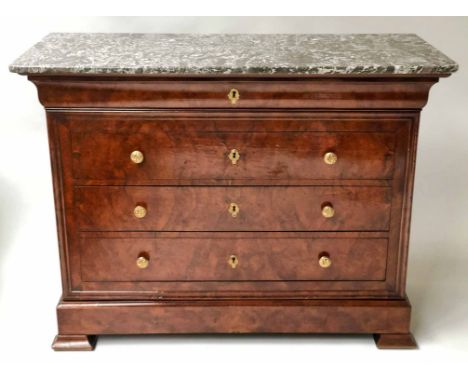 COMMODE, 19th century French Louis Philippe figured walnut and gilt metal mounted with five long drawers including plinth and