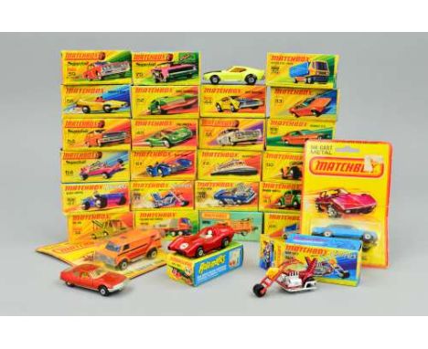 A QUANTITY OF BOXED MATCHBOX SUPERFAST DIECAST VEHICLES, to include Turbo Fury, No.69, in metallic red with scorpion label an