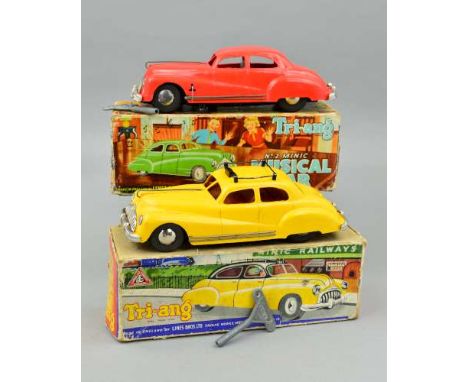 TWO BOXED TRI-ANG MINIC NO.2 SERIES CLOCKWORK CARS, Taxi and Musical Car, not tested, both complete with keys, Taxi has small