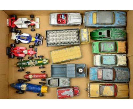 A QUANTITY OF UNBOXED AND ASSORTED PLAYWORN DIECAST VEHICLES, to include Spot-On Rover 3 litre, No.157, Dinky Hillman Minx, l