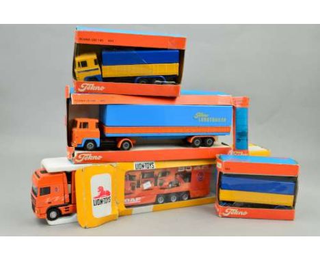 TWO BOXED TEKNO SCANIA 140 MODELS, articulated with metal tilt trailer, No.421, has minor damage and wagon and drawbar traile