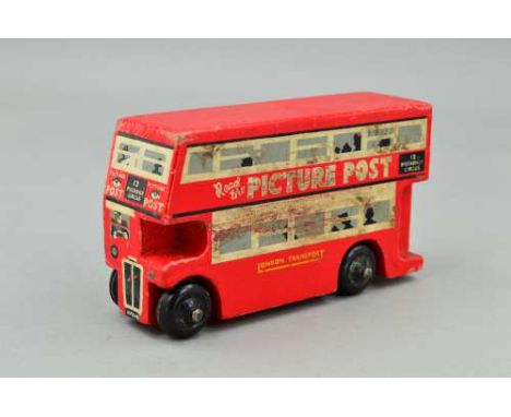 AN E & H GRACE LTD WOODEN DOUBLE DECKER BUS MODEL, c.1940's, London Transport red livery with white window surrounds, screen 