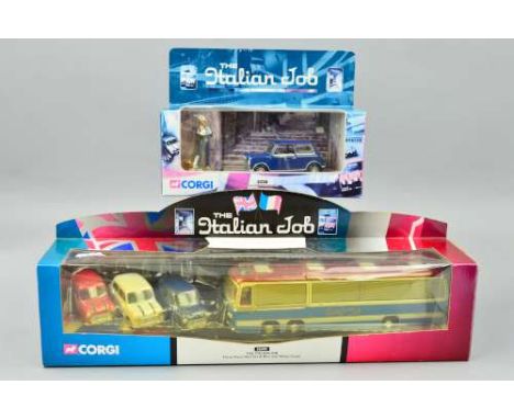 A BOXED CORGI CLASSICS 'THE ITALIAN JOB' GIFT SET, No.36502, comprising Bedford VAL coach and red, white and blue Mini Cooper