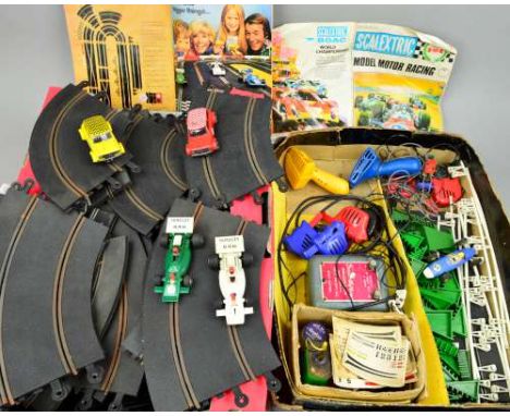 A QUANTITY OF UNBOXED AND ASSORTED SCALEXTRIC ITEMS, to include 2 x Mini Clubman 1275GT, No.C112, one red, the other yellow, 