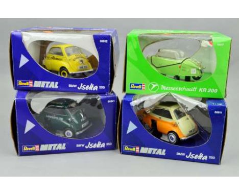 FOUR BOXED REVELL METAL BUBBLE CAR MODELS, three different B.M.W. Isetta, 250, Nos.08911, missing door handle and engine cove
