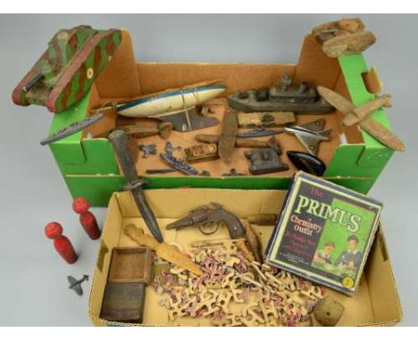 A COLLECTION OF SCRATCHBUILT WOODEN AIRCRAFT, SHIP AND BOAT MODELS, many military subjects, c.1940's, lead and other ship and