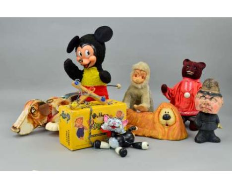 A BOXED PELHAM CAT PUPPET, unmarked rubber faced Mickey Mouse doll, height approximately 33cm, some wear, Fisher Price pull-a