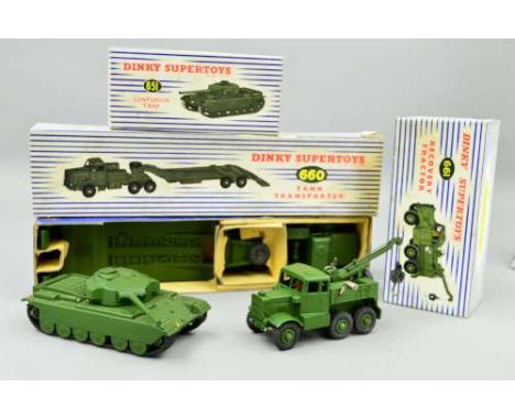 A BOXED DINKY SUPERTOYS THORNYCROFT MIGHTY ANTAR TANK TRANSPORTER, No.660, boxed Centurion Tank, No.651 and Scammell Explorer