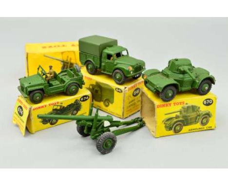 A BOXED DINKY TOYS ARMY 1-TON CARGO TRUCK, No.641, a boxed Armoured Car, No.670, boxed Austin Champ, No.674 and boxed 5.5 Med