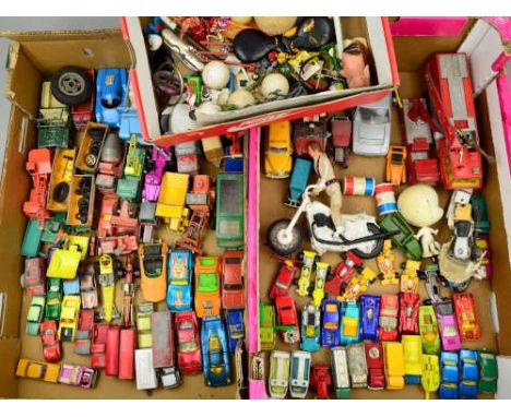 A QUANTITY OF UNBOXED AND ASSORTED PLAYWORN DIECAST VEHICLES AND ASSORTED TOYS, etc, to include Matchbox, Corgi, Corgi Junior