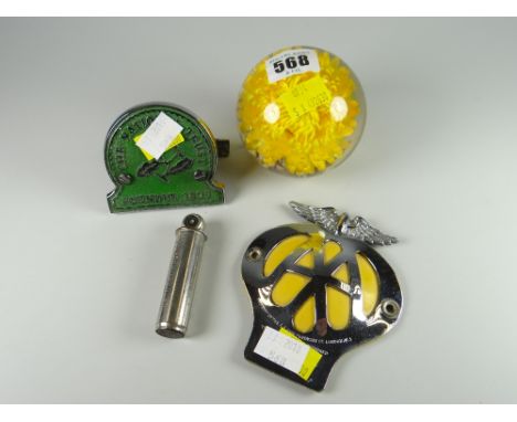 A paperweight together with a vintage AA car badge, National Trust car badge & a tyre pressure gauge