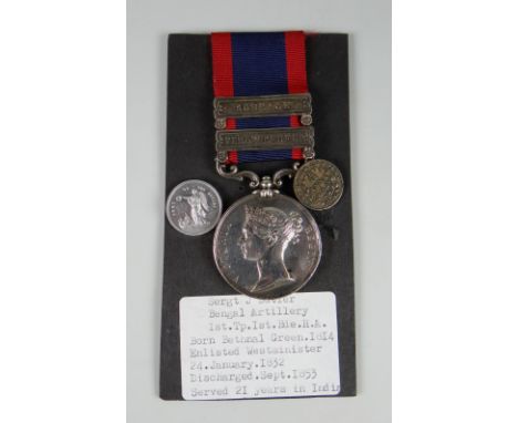 SUTLEJ MEDAL having two clasps Sobraon & Ferozeshauhur, engraved to Sgt. J Butler, Bengal Artillery, together with 1/12th Ann