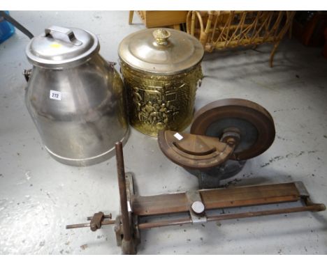 A small steel milk churn with a brass coal bin & several metal tools etc