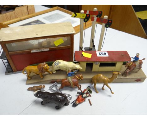 Small collection of vintage lead animals, vintage toy railway platform & signal box