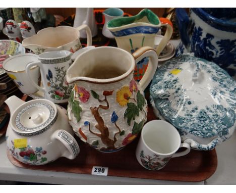 Tray of mixed china including a Wood's Indian Tree jug, a Myott jug & other china
