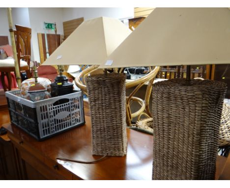 A parcel of various ceramic & wicker effect table lamps together with a bamboo effect standard lamp