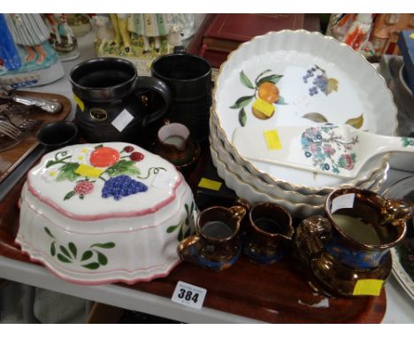 Tray of various china including Royal Worcester 'Evesham Gold' flan dishes, lustreware etc