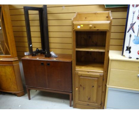 A tall pine unit with drawer & cupboard together with a vintage cabinet & two light fittings