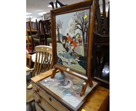 A vintage oak firescreen with a felt collage hunting scene & a framed cross stitch of a female