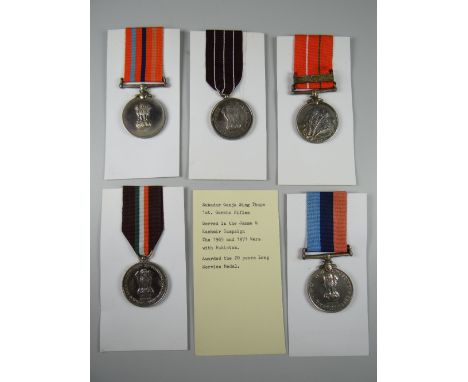 A GROUP OF FIVE INDIAN ARMY POST INDEPENDENCE MEDALS engraved to Ganja Sing, Thapa 1st. Gorkha Rifles to include Sangram meda