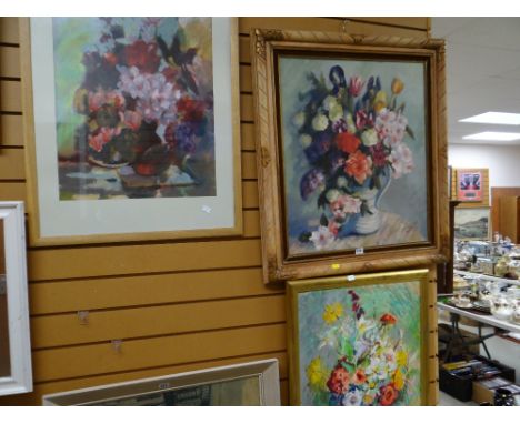 Two large oils on canvas of flowers in vases together with a large similar print