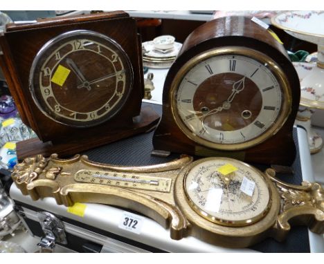 Vintage Smith's dome top mantel clock together with another mantel clock & gilt coloured barometer