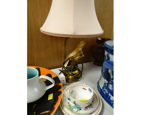 A Royal Stafford gilt metal song bird table lamp together with a Royal Worcester Chinese decorated trio